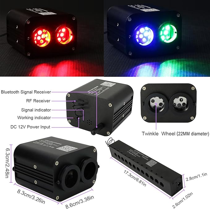 AZIMOM Dual Color 20w Twinkle Fiber Optic Starlight Headliner Kits 600pcs 0.03in 9.8ft, RGB Meteor Shooting Star, Sound Activated Remote APP Control Home Car Ceiling Décor
