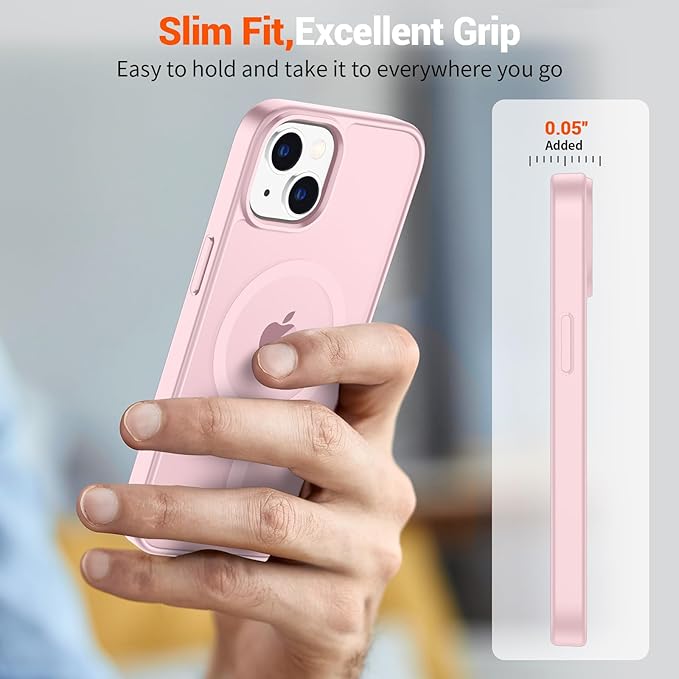 SUPFINE Magnetic for iPhone 14 Case & iPhone 13 Case with Screen Protector (Compatible with MagSafe)(Military Grade Drop Protection) Translucent Matte Shockproof Phone Cover,Light Pink