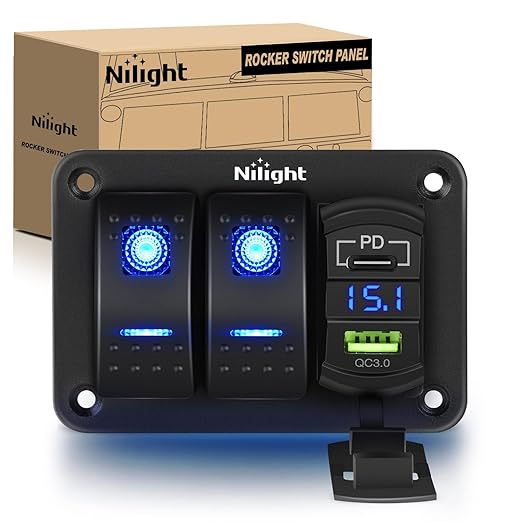 Nilight 2 Gang Rocker Switch Panel Blue Backlit with PD Type C and USB Charger Voltmeter Waterproof 12V 24V DC Night Glow Stickers for Car Trucks Boats RVs