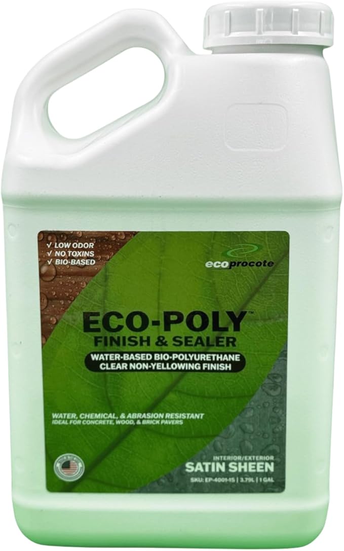 Eco-Poly Polyurethane Sealer — Non-Toxic, Low Odor, Quick-Dry Water Based Protective Spar Varnish for Indoor & Outdoor, Satin 1 Gallon Polyurethane Sealant for Wood, Concrete, Multiple Surfaces
