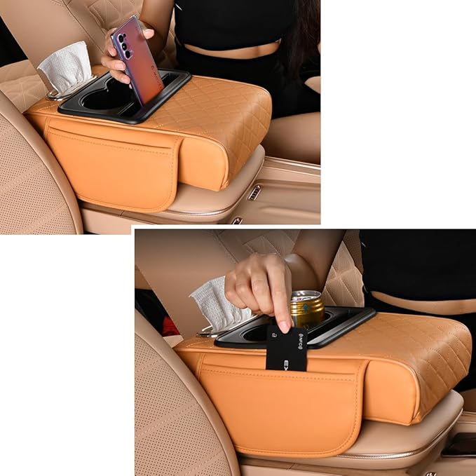 Car Armrest Cushion,5-in-1 Center Console Cover with 2 Storage Bags Cup Holder, Tissue Box Slot, Phone Slot for Sedans, Car Accessories Interior Organizers (Orange)