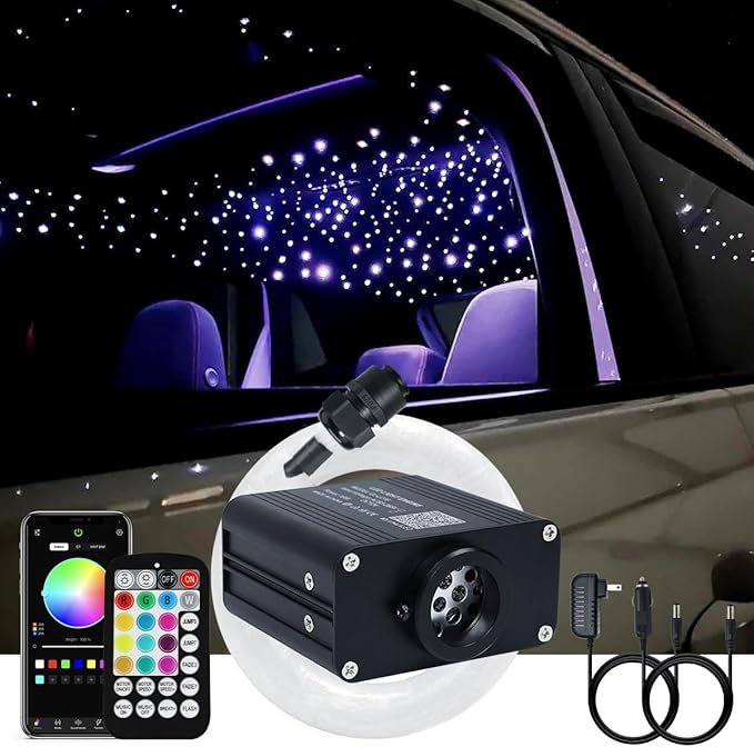 AKEPO 16W Twinkle APP Fiber Optic Starlight Headliner Lights Kit, 650pcs 13.1ft/4m 0.03in Optical Fiber Star Music Activated RGBW Ceiling Light Kit for Car Headliner Star/Home