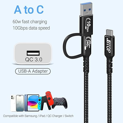 Long USB a to c Cable 20Gbps[10ft 2Pack],2-in-1 USB 3.1 CarPlay Cable Fast Charge & Data Transfer, Compatible with iPhone 16 15 Pro Max, Samsung, SSD