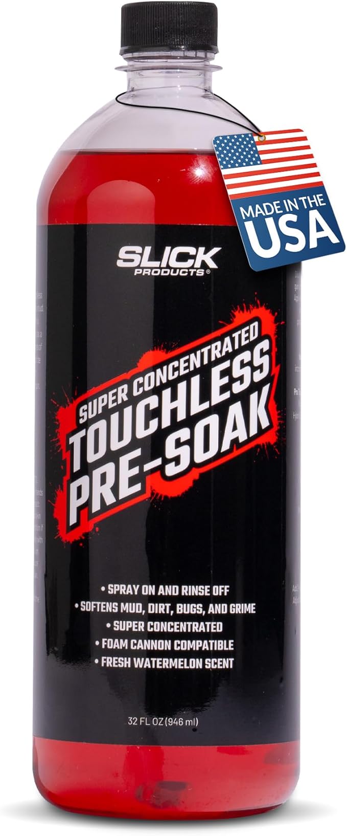 Slick Products Super Concentrated Touchless Pre-Soak, Foaming Prewash Car Soap for Foam Cannon or Foam Gun, Loosens Mud, Dirt, Bugs & Grime, Spray On & Rinse Off, 32 oz.