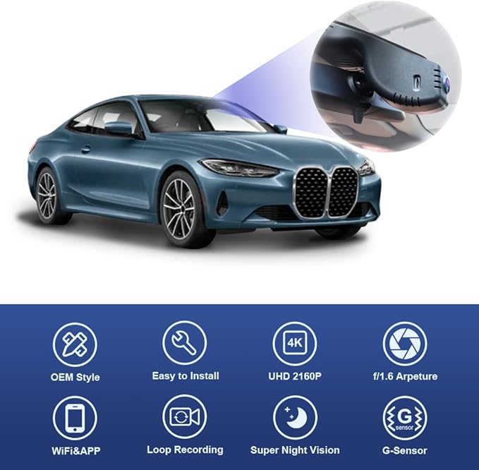 Fitcamx 4K Dash Cam Suitable for BMW 3 4 Series M3 M4 2020-2024 (Model B) 330i 430i Xdrive 330e M340i M440i Coupe, OEM Look, UHD 2160P Video, WiFi Connect & APP, Loop Recording, G-Sensor, 64GB Card