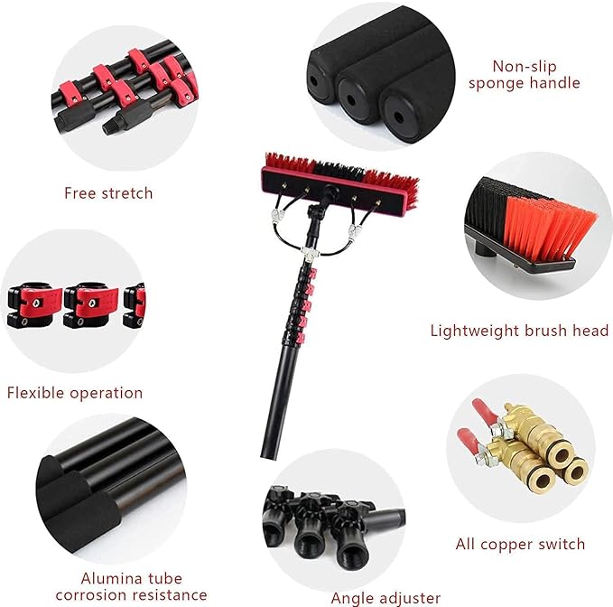 Window Washing Kit with Extension Pole, 12Ft-36Ft Water Fed Telescopic Brush/Brush Window and Solar Panel Cleaning Tools Windows Cleaning Washing Tool for Truck Washing,18FT/5.4M (20FT/6M)