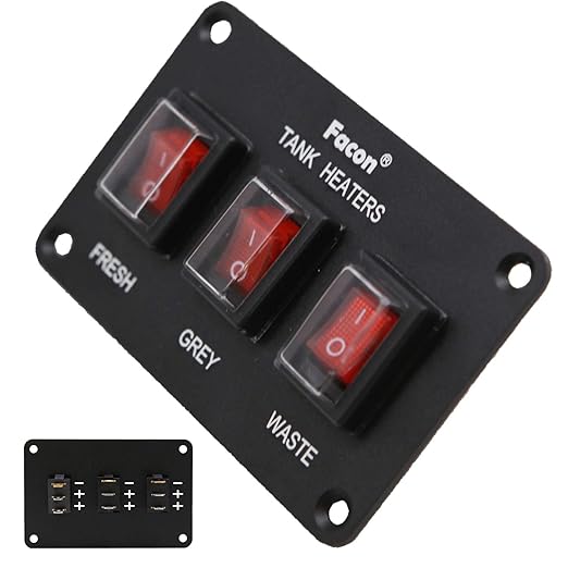 Facon 12Volts Switch Box Panel, 30Amps Rocket On&Off Switch with Red Indicator Light for RV Tank System, IP66 Waterproof Control Gang Kit System for RV Tank Heating Pad
