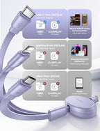 LISEN 3 in 1 Retractable Car & iPhone Charger Cord, Type C/L/Micro USB for iPhone/Samsung/PS/Kindle, Purple