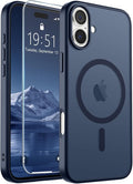 SUPFINE Magnetic for iPhone 16 Plus Case with Screen Protector (Compatible with MagSafe) (Military Grade Drop Protection) Translucent Matte Shockproof Phone Cover,Dark Blue