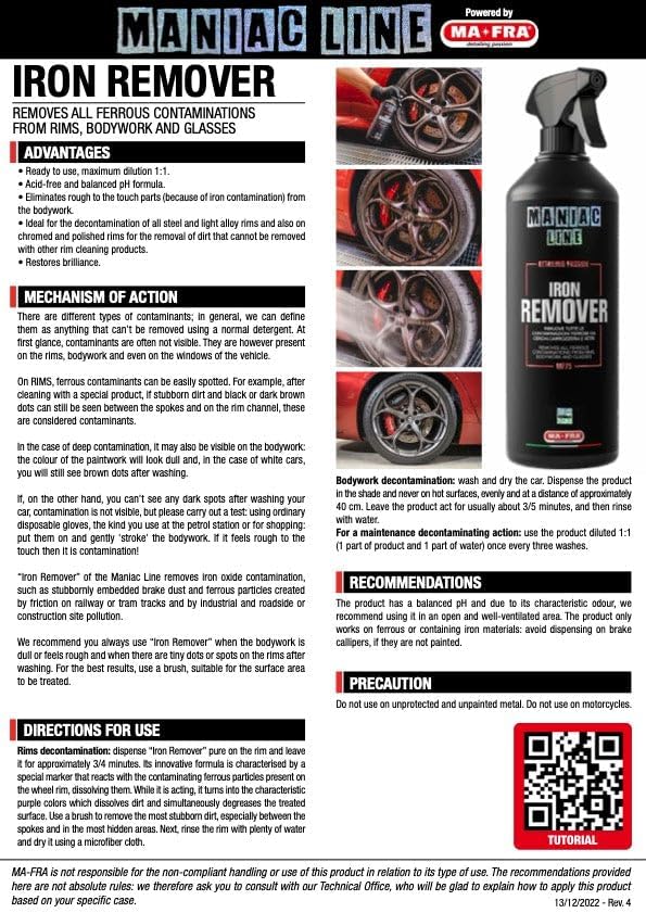 MANIAC LINE MAFRA Iron Remover | Rapid Metal Particle Dissolution for Safer Decontamination | Visual Reaction Guides Rinse | Bodywork Rims and Exterior Glass Pre Wash Step | 1 Liter