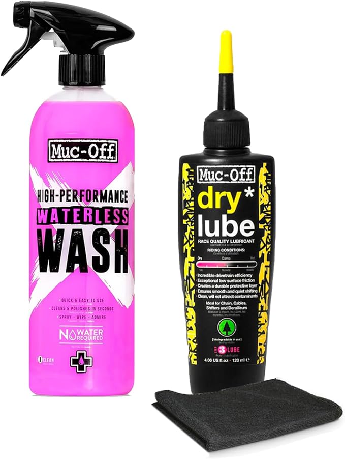 Muc-Off Waterless Wash & Dry Bike Chain Lube Bundle | 750ml High-Performance Bike Cleaner Spray + 120ml Wax-Based Chain Lube | No Rinse Bike Wash + Dry Weather Lubrication