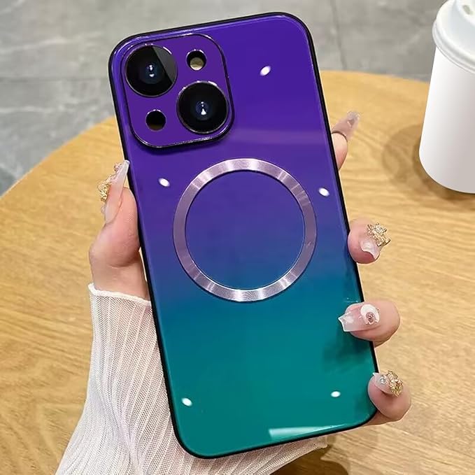 Guppy Compatible with iPhone 15 Plus Case Magnetic, with Full Camera Lens Protector [Compatible with MagSafe] Scratch Resistant Gradient Glass Back Cover Phone Case-Purple