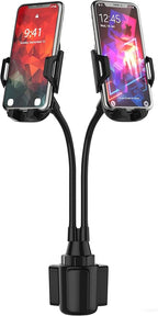 Double Phone Holder for Car Cup Holder – Extra Long and Flexible Neck, 360° Rotatable Cradle Car Phone Mount - Adjustable Cell Cup Holder, Universal Size Fits 2 iPhone, Samsung, GPS