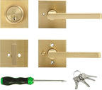 Cielsa Dawn Gold Heavy Duty Privacy Lever Door Handle and Single Cylinder Deadbolt Lock and Key Combo Pack - Locking Lever Set for Left or Right-Handed Doors - Exterior Door Levers - Satin Brass