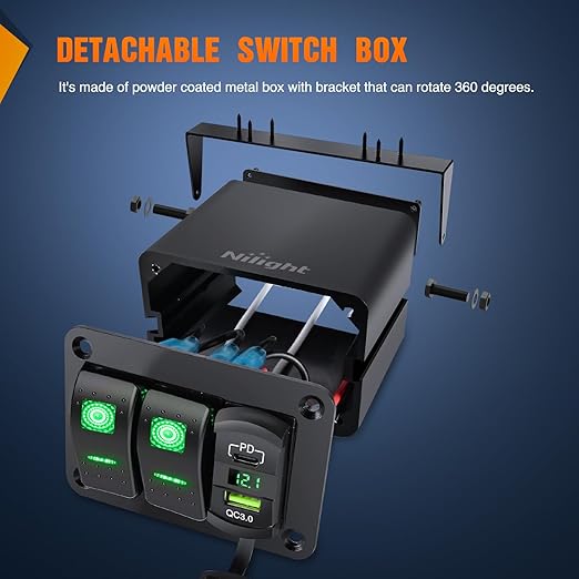 Nilight 2 Gang Rocker Switch Box 12V SPST ON Off Toggle Switches PD Type C and QC 3.0 USB Charger Voltmeter LED Light Waterproof Aluminum Mount Bracket Panel DIY Stickers for Boat Car RV Truck