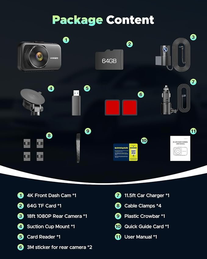 4K Dash Cam Front and Rear, Free 64GB Card Included, Full HD 3.0” IPS Screen Dash Camera for Cars with 5G Wi-Fi & App Control, Night Vision,WDR, G-Sensor, Loop Recording, Parking Mode for Drivers