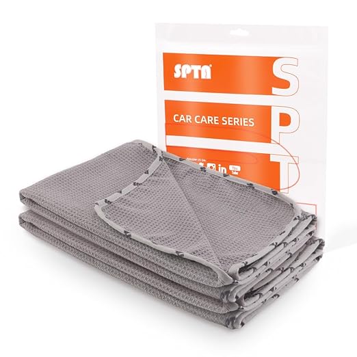 SPTA Microfiber Drying Towel, 2 PCs Car Wash Drying Towel, Waffle-Weave Highly Absorbent, Scratch Free,Big Cleaning Cloth Towel for Auto Detailing, 380GSM, 25.2 x 34.3 inch, Grey-MT033