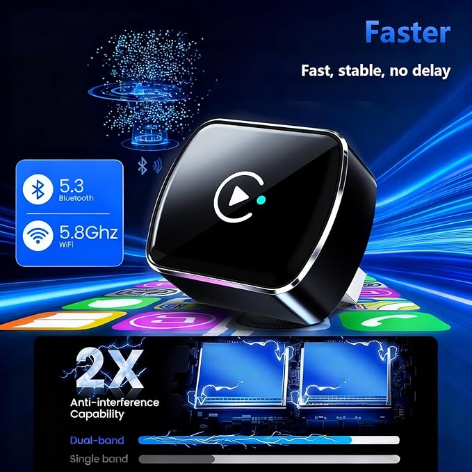 2026 Upgrade Wireless CarPlay Adapter & Android Auto, 2-in-1 CarPlay Adapter Convert Wired to Wireless, Mini Size with USB A & USB-C Extension Cable, Plug & Play, Stable Connection & No Delay (Black)