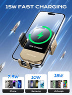 CHGeek Wireless Car Charger, 15W Fast Charging Auto Clamping Car Charger Phone Mount Phone Holder fit for iPhone 15 14 13 12 11 Pro Max Xs, Samsung Galaxy S24 Ultra S23 S22 S21, S20, S10+, Golden