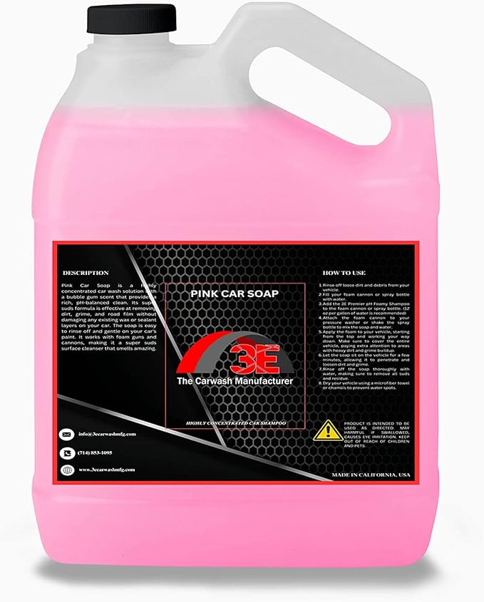 3E Pink Car Soap Highly Concentrated Foaming Car Wash Shampoo, Works with Foam Guns, Foam Cannons or Bucket Washes, Cherry Scented (128 oz)