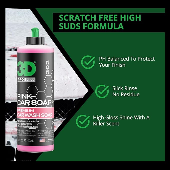 3D Pink Car Soap – 16 oz |pH Neutral Car Wash Soap with High Suds & Cherry Scent | Scratch-Free, High Gloss Shine | Safe on Wax & Sealants | Weekly Car Care