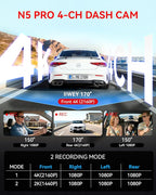 N5 PRO 4K 4 Channel Dash Cam, 360° All-Around View, 1080P Rear and Inside, 5G WiFi 6 - Up to 10MB/s, Built-in GPS, 8 IR Night Vision, G-Sensor, 24H Parking Mode, Free 128GB SD Card Included