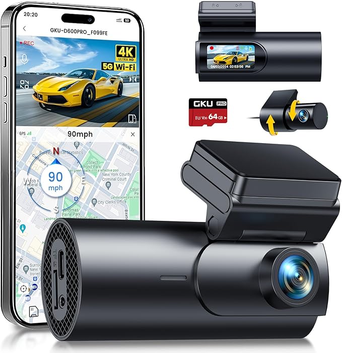 GKU Dash Cam Front and Rear Camera,4K+1080P, 5.8GHz WiFi & GPS Dash Camera for Cars,with 64G SD Card,1.47" Display Dashcam, 24HParking Mode,App,Super Night Vision,Support Max 256GB (D600Pro)