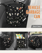 Pritent Car Trash Can with Lid, Cute Leakproof Car Trash Garbage Bag Hanging Vehicle Trash Bin Small Portable Automotive Garbage Cans Organizer for Back/Front Seat/Console(Trapezoid,Black Flower)