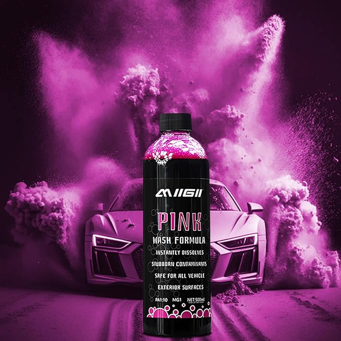 MIIGII Pre-Wash Solution Car Wash Soap - Pink Foam Car Shampoo - Powerful Formula Penetrates and Breaks Down Tree Sap, Bird Droppings & Tough Stains - Works on RVs, Trucks, Cars & More - 1000ml (34oz)