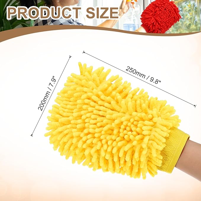 HARFINGTON 2pcs Premium Chenille Microfiber Car Wash Mitts 9.8" x 7.9" Scratch Free Wash Gloves Absorbent Double Sided Plush Cleaning Drying Mitts for Car Washing Home Yellow