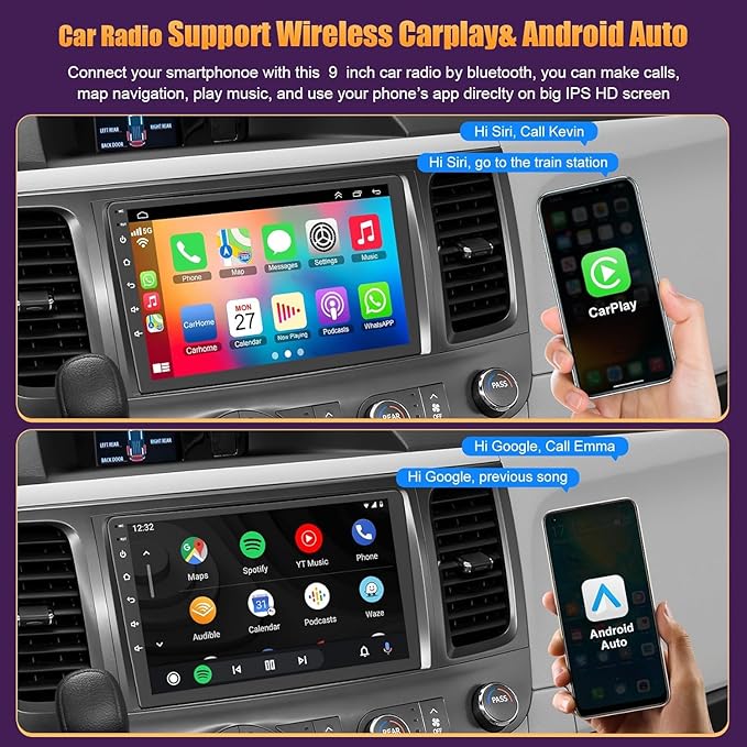 4G+64G Car Radio for Toyota Sienna 2011 2012 2013 2014, 9 Inch IPS Touch Screen Support Wireless Carplay&Android Auto Bluetooth/Voice Control/GPS/WiFi/Back-up Camera/SWC/FM Radio