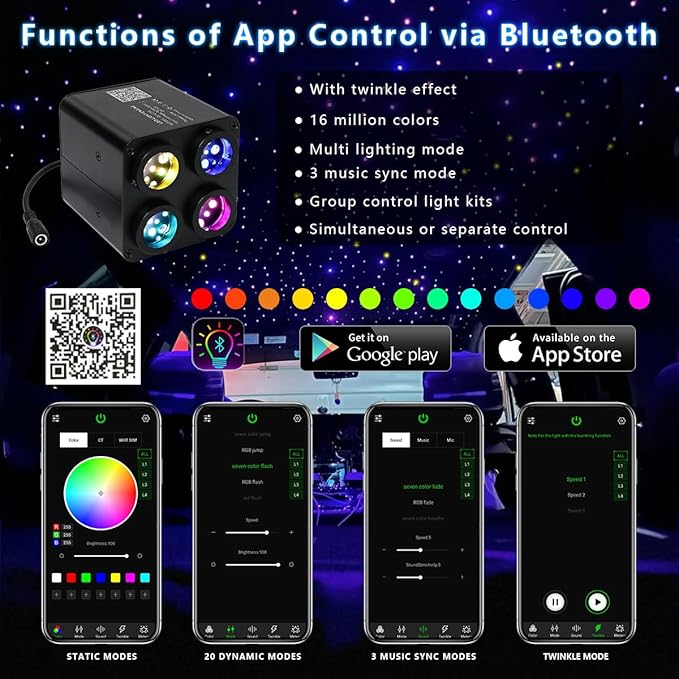 AKEPO 36W 4 Color Twinkle Fiber Optic Starlights Headliner Lights Kit, Optical Fibers Music Sync Bluetooth APP Control Starlight Kit, 800pcs*9.8ft