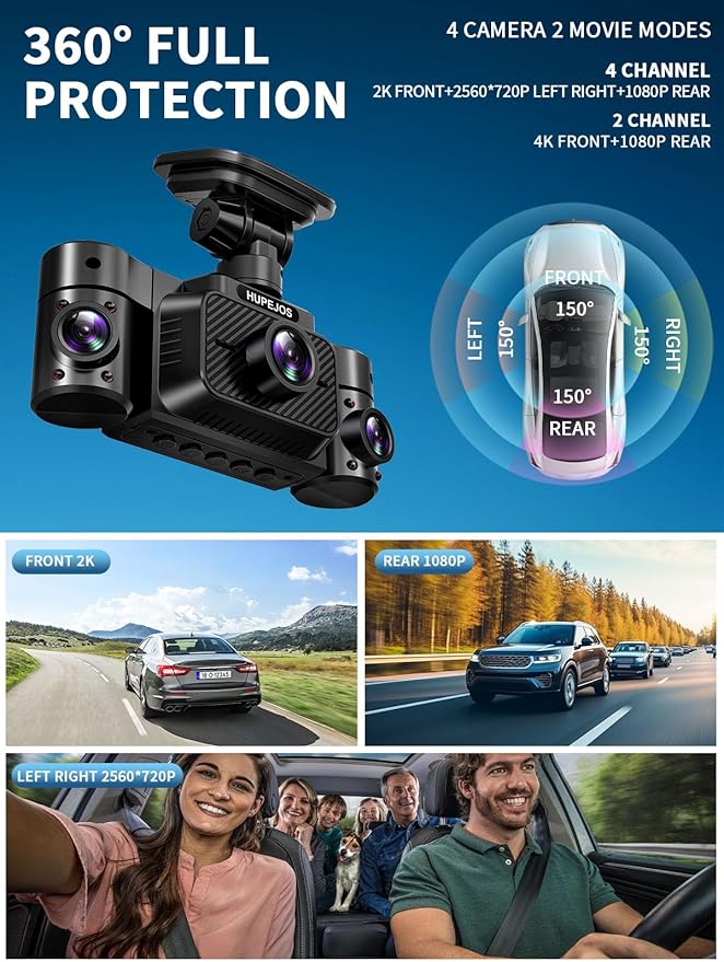 Dash Cam Front and Rear Inside, 360° Dash Camera for Cars 4 Channel 2K FHD Mini Dashcam, Car Camera Built-in WiFi GPS, Free 64G Card, Voice Control, Night Vision WDR/HDR, 24/7 Parking Mode V50-4CH