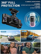 Dash Cam Front and Rear Inside, 360° Dash Camera for Cars 4 Channel 2K FHD Mini Dashcam, Car Camera Built-in WiFi GPS, Free 64G Card, Voice Control, Night Vision WDR/HDR, 24/7 Parking Mode V50-4CH