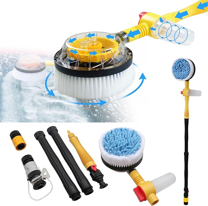 Automatic Rotating Car Wash Brush with Soap Dispenser, Soft Chenille Car Washing Brush Spin Mop Garden Hose Brush Foam Spray Gun Exterior Car Cleaning Brush Kit (Detachable Long Handle)