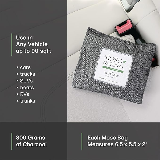 Moso Natural Charcoal Odor Absorber for Cars (3 Pack) 300g Bamboo Charcoal Air Purifying Bag, Unscented Odor Eliminator, Lasts Up to 2 Years, HGTV Editors’ Pick