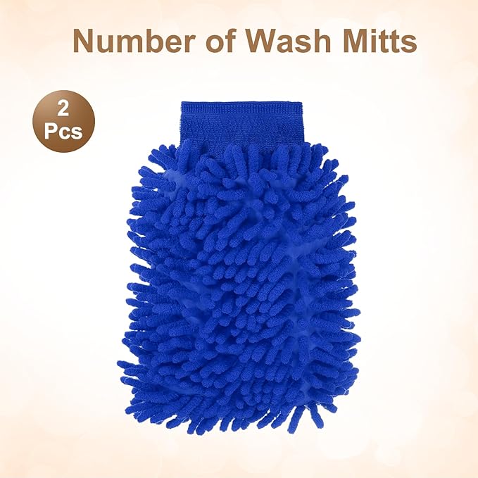 HARFINGTON 2pcs Premium Chenille Microfiber Car Wash Mitts 9.8" x 7.9" Scratch Free Wash Gloves Absorbent Double Sided Plush Cleaning Drying Mitts for Car Washing Home Blue
