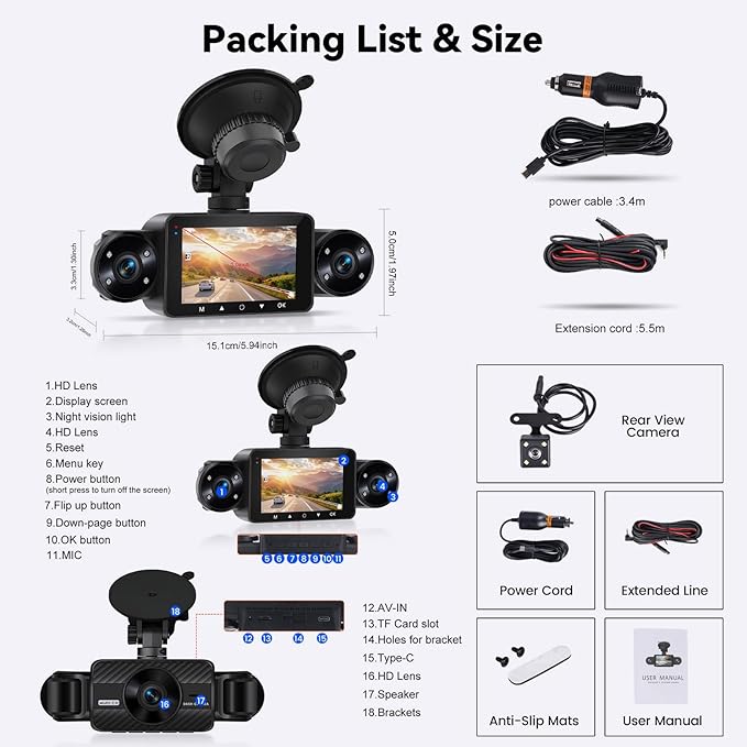 SIXTOP 360 Degree View 4 Channel Dash Cam,1080P Front and Rear Inside Left Right Dash Camera for Cars, 3" IPS Screen Night Vision, G-Sensor, 24H Parking Mode,Wide Angle Loop Recording,Reverse Assist