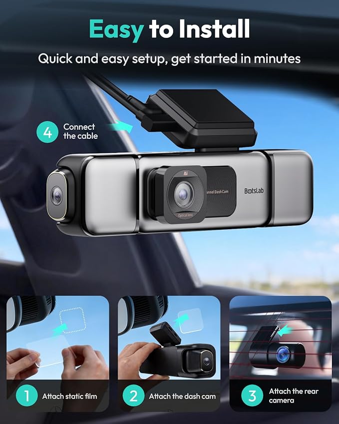 BOTSLAB 3K 4 Channel Dash Cam, 560° All-Sides View, Front and Rear Inside Car Camera with 3.18”Touch Screen, Dash Camera 24/7 Parking Mode, Built-in GPS 5.8GHz WiFi Voice Control, Free 128GB Card