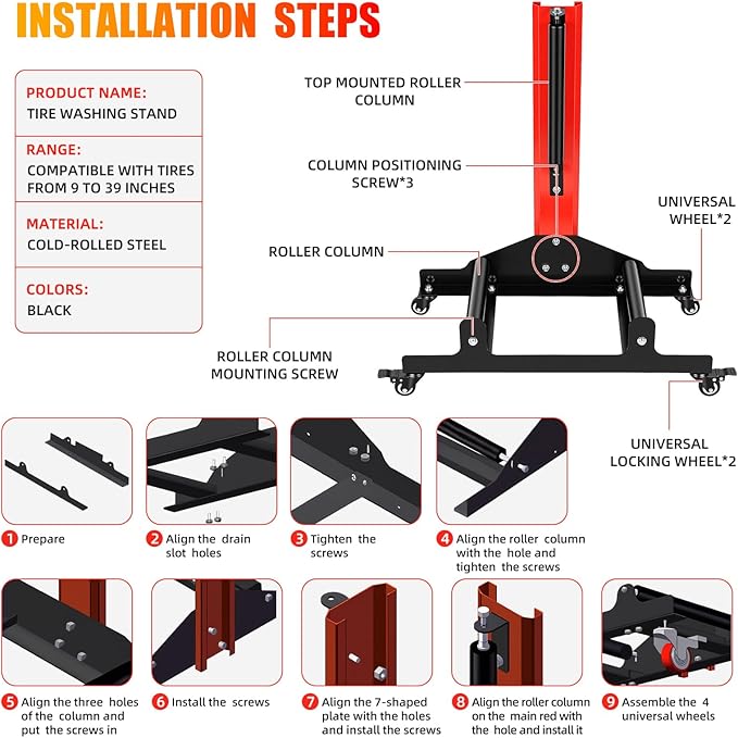 Rolling Wheel Detailing Stand with 4 Casters, Car Wheel Cleaning Stand, Heavy-Duty Tire Cleaning Stand 3-Way Rotating Rollers for Ceramic Coating Tire Shine