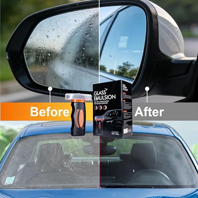 Glass Guard, Glass Oil Film Remover for Car, Glassy Emulsion Cleaner Roll-On Glass Compound with Cleaning Board, Removes Oil Film & Smudges, Improve Windshield Clarity for Safe Driving (100ml+Brush)