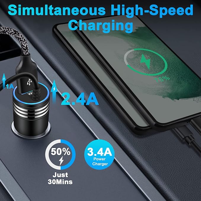 Android Car Charger Type C Samsung Car Charger Fast Charging for Samsung Galaxy S26/S25/S24/A57/A37/A17/A56/A36/A26/A16/A15/A14/A54/A53 5G/A13/S23/S22/S21/S20/Z Flip7,3.4A Car Adapter+3ft USB C Cable