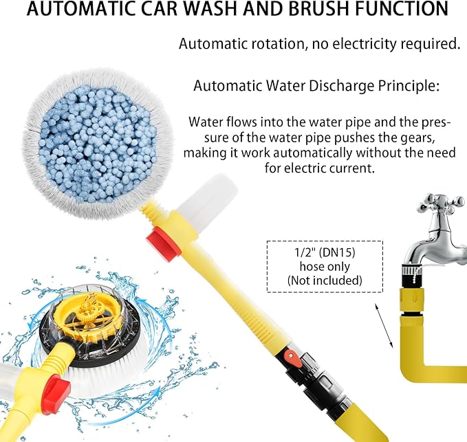 Car Wash Brush with Long Handle,Auto Rotating Car Wash Brush Cleaning Kit 360° Spin Car Mop with Pressure Washer Gun and Hose Nozzle for Cars RV Truck Yards Gardens etc