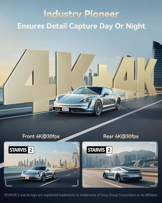 REDTIGER Dual 4K Dash Cam with 256GB eMMC, STARVIS 2 IMX678 Front and Rear Dash Camera with Dual HDR, Voice Control, 4'' Touch Screen, Built-in 5.8GHz WiFi GPS, HDR Night Vision (F77 V2)