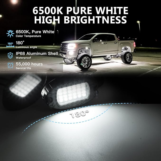20 Pods Alloy Pure White LED Rock Light for Trucks Trailer Off Road RV Semi Trucks Van, IP68 Waterproof Aluminum Bright White Neon Underglow Light with Wiring Harness 6500K Metal Fender Lights