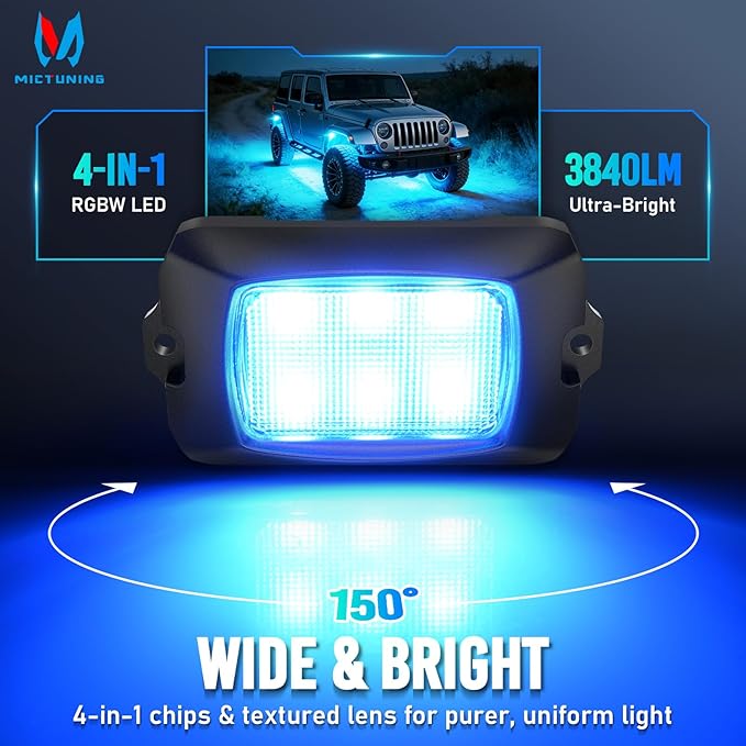 MICTUNING Q1 RGBW LED Rock Lights, APP & Remote Dual Control, 12 Pods Pure Color Underglow Neon Lighting with Wiring Switch Kit for Trucks Cars ATV UTV Golf Carts (2 Year Warranty)