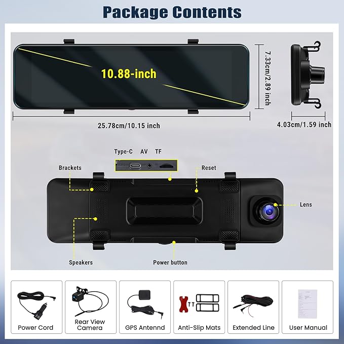 4K Mirror Dash Cam 10.88 Inch Rear View Mirror Front and Rear View Dual Cameras,GPS Tracking,Loop Recording,G-Sensor,Parking Assistance,APP Control,Parking Monitor,Waterproof Backup Camera