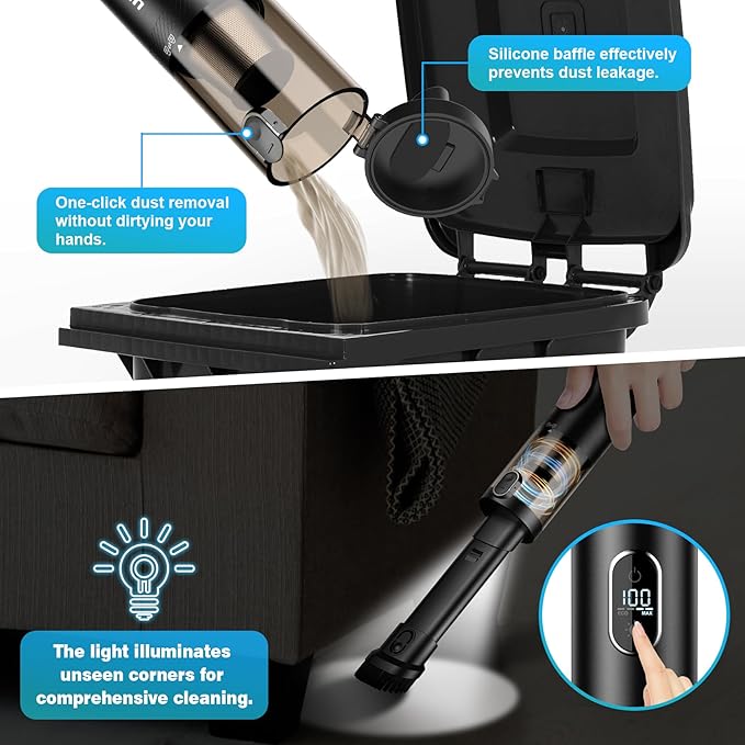 Upbooz Car Vacuum, Handheld Vacuum Cordless with 14000PA Powerful Suction with LED Light, Air Duster 2-in-1,Low Noise Rechargeable Portable Vacuum Cleaner for Car Home Pet Office