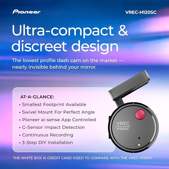 Pioneer VREC-H120SC Compact Dash Camera – Discreet 1.5K Resolution Front Dash Cam for Cars with Impact Detection, 120 Degree Wide Angle Coverage, Built-in WiFi, Companion App, USB-C Easy Install
