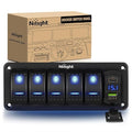 Nilight 5 Gang Rocker Switch Panel Blue Backlit with PD Type C and USB Charger Voltmeter Waterproof 12V 24V DC Switches with Night Glow Stickers for Car Trucks Boats RVs